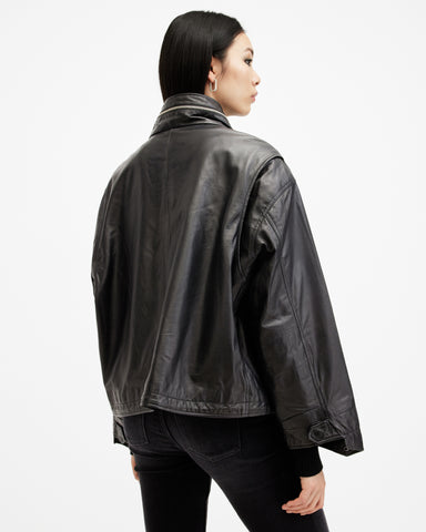 Clay Funnel Neck Cropped Leather Jacket