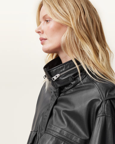 Clay Funnel Neck Cropped Leather Jacket