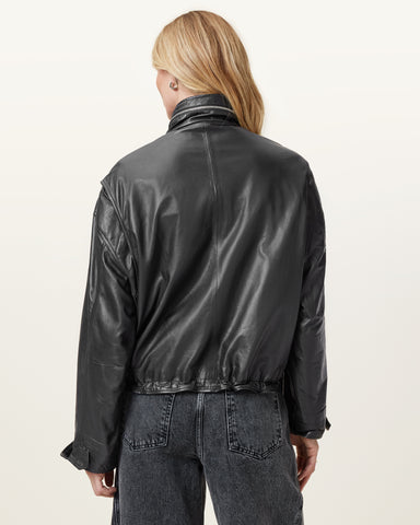 Clay Funnel Neck Cropped Leather Jacket