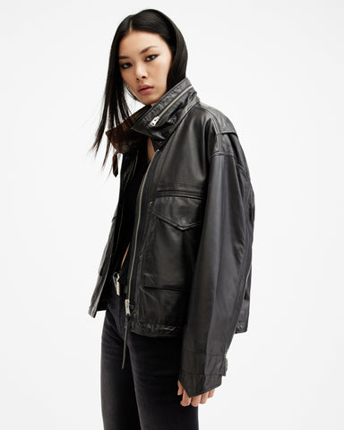 Clay Funnel Neck Cropped Leather Jacket