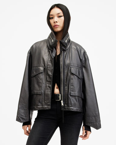 Clay Funnel Neck Cropped Leather Jacket