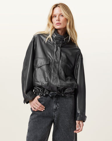 Clay Funnel Neck Cropped Leather Jacket