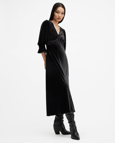 Ani V-Neck Velvet Midi Dress